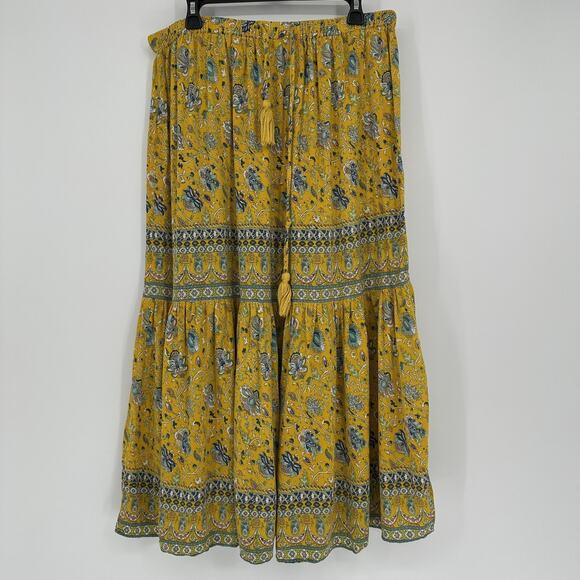 Violet Sky Skirt Womens Large Yellow Floral Boho Tiered Maxi India Rayon Tassel - Picture 1 of 10